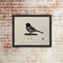 Dark-eyed Junco relief print and watercolour by Molly Gray