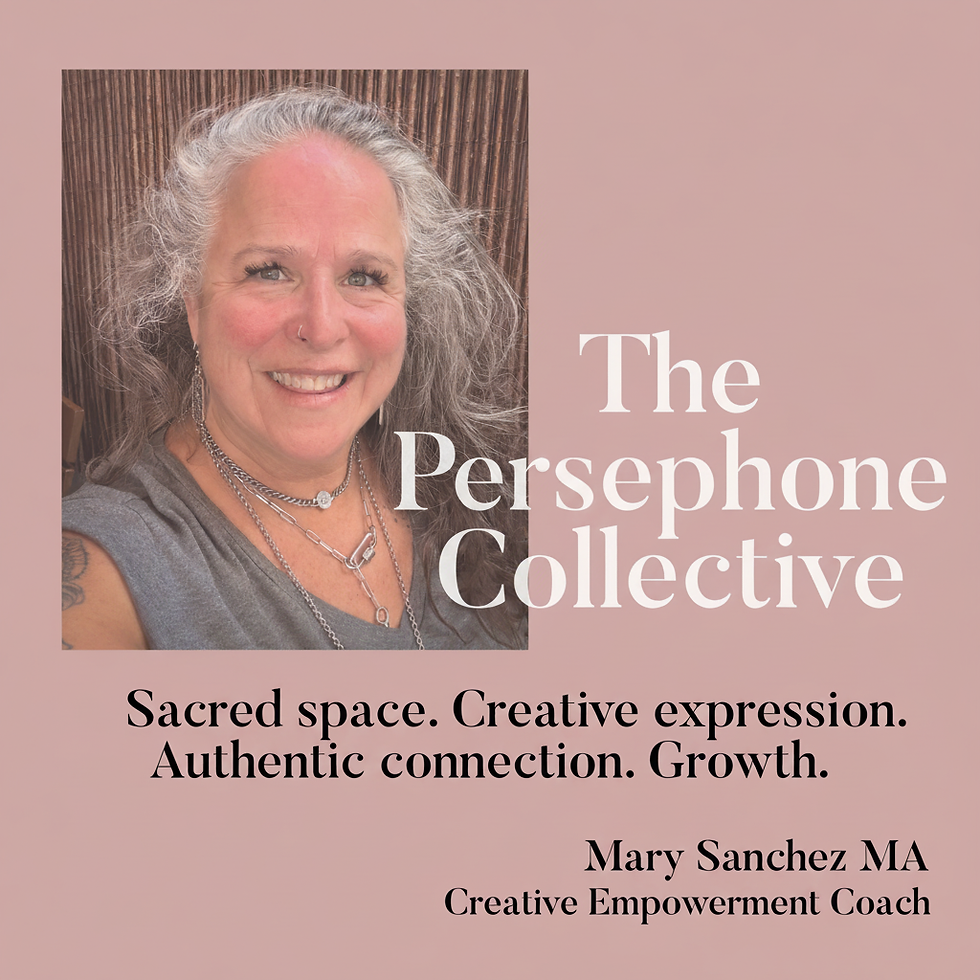 Square brand tile featuring a woman smiling on the left and the text 'The Persephone Collective' with a soft dusty pink background and white serif typography.