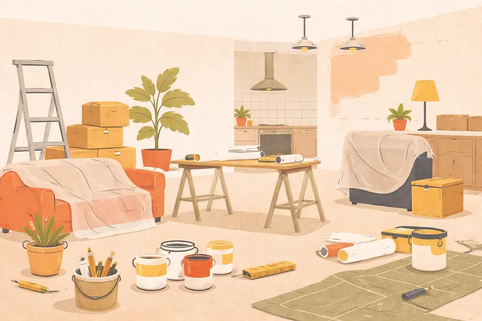 Ilustração editorial de reforma de apartamento em SP, com ferramentas, caixas e ambientes em adaptação, representando planejamento de reforma, acompanhamento profissional e controle de orçamento.