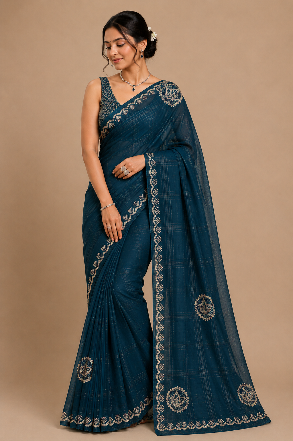 Teal Blue Embroidered Georgette Saree with Scallop Zari Border
