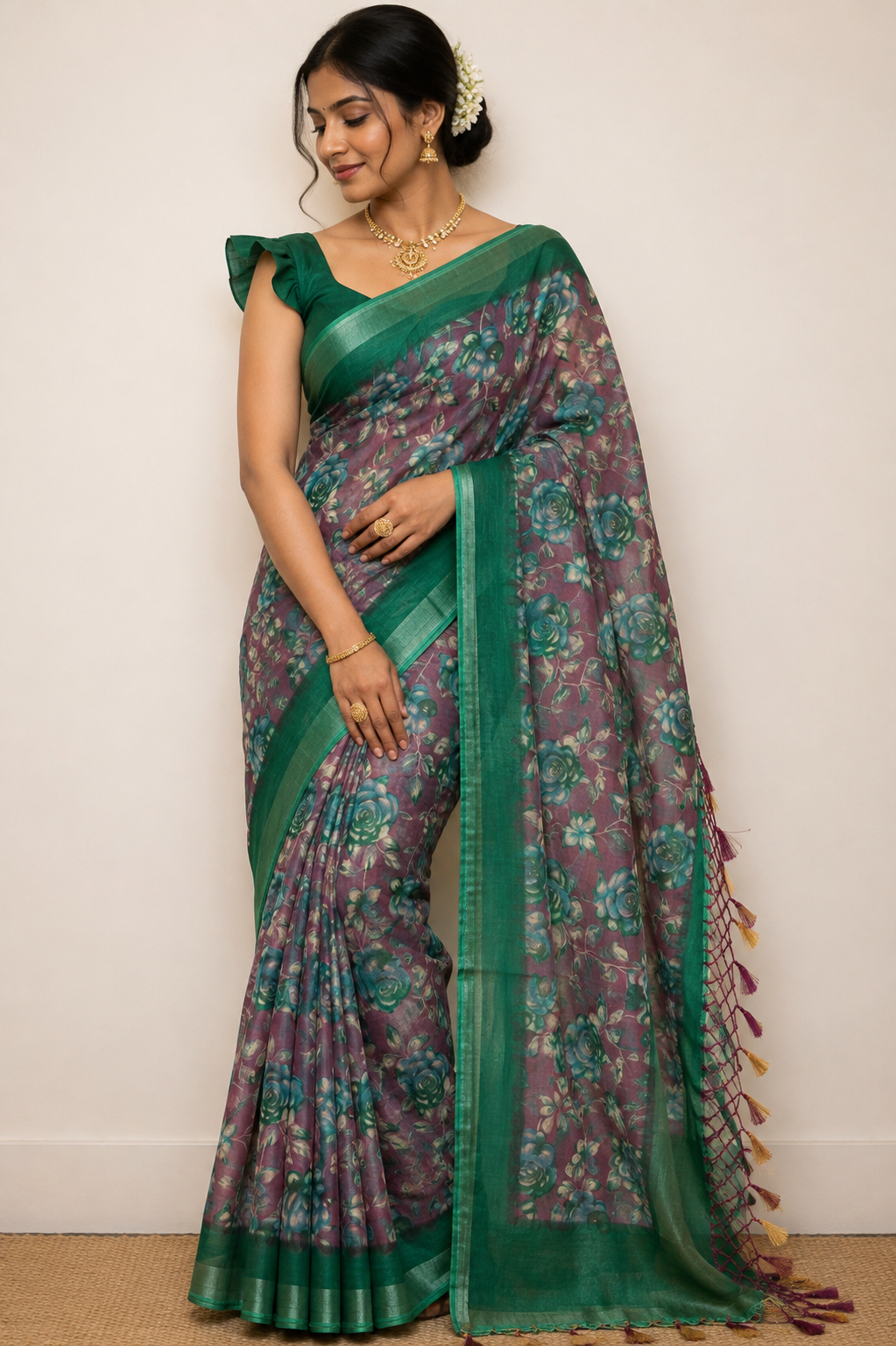 Dusky Lavender Floral Linen Cotton Saree with Emerald Green Border
