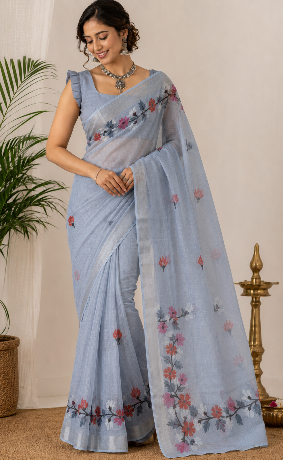 Powder Blue Organza Cotton Saree with Floral Thread Embroidery