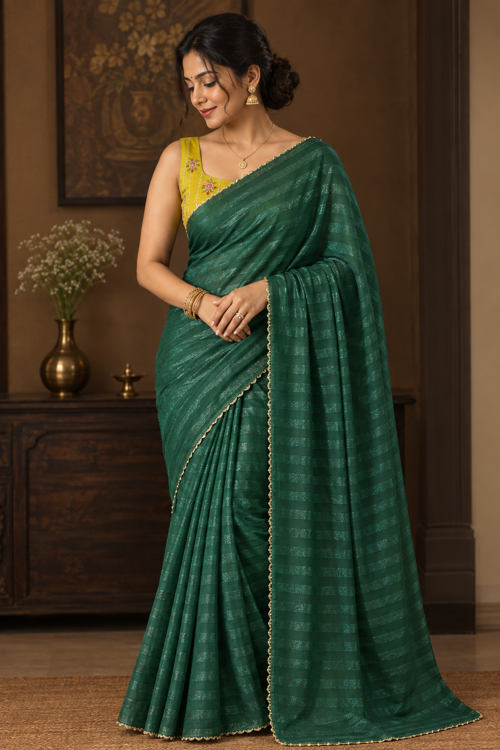 Bottle Green Self-Check Georgette Saree with Golden Scallop Border