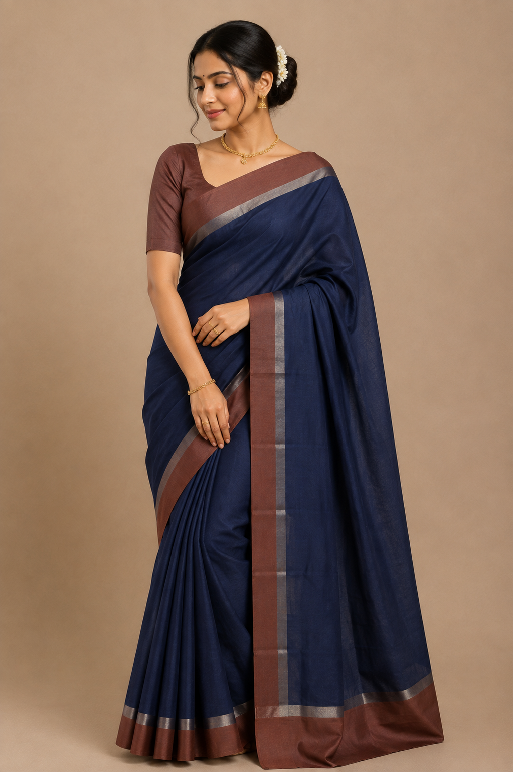 Navy Blue Linen Cotton Saree with Coffee Brown Zari Border