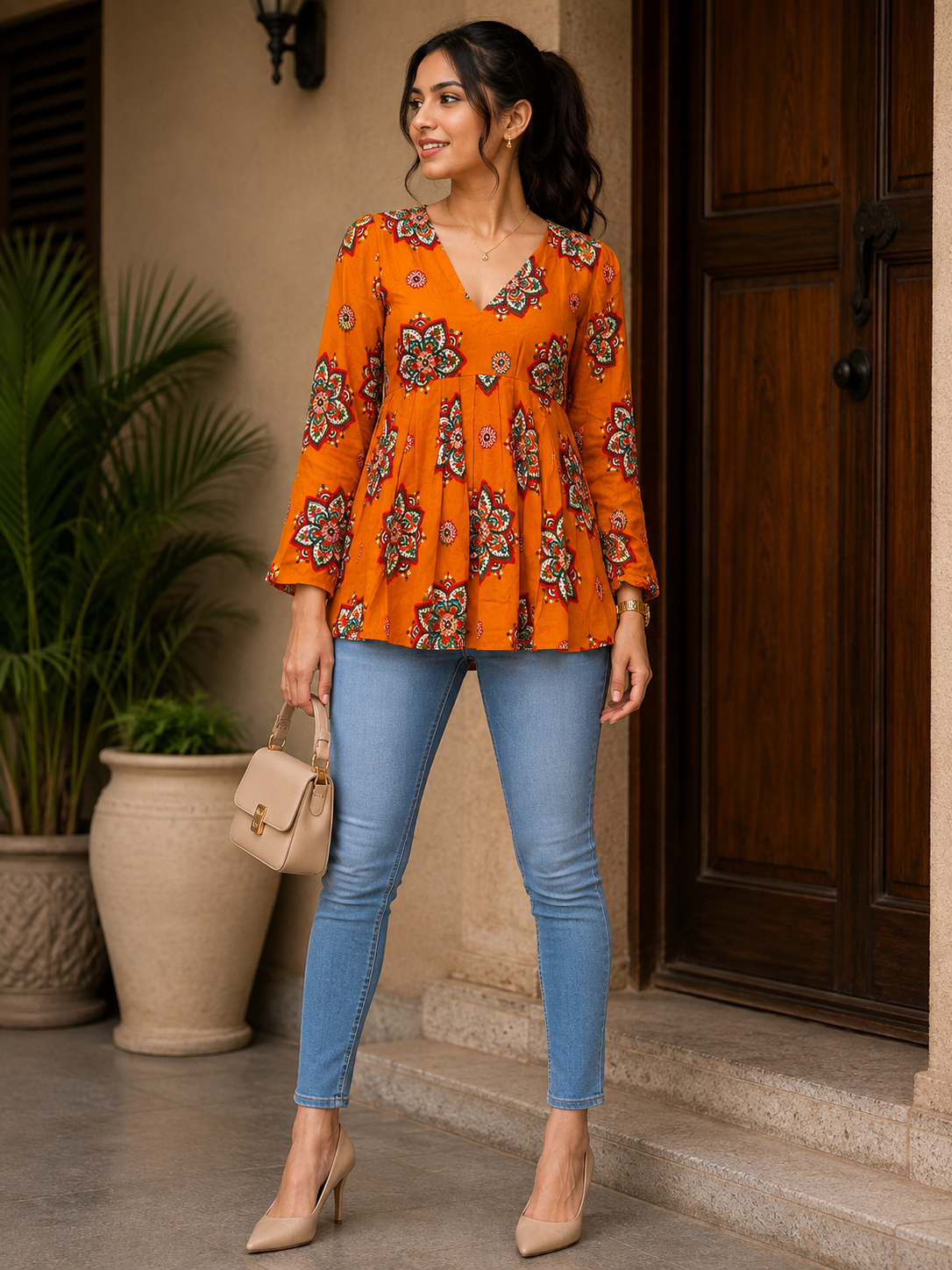 Rust Orange Floral Print Bell-Sleeve Peplum Kurta Top