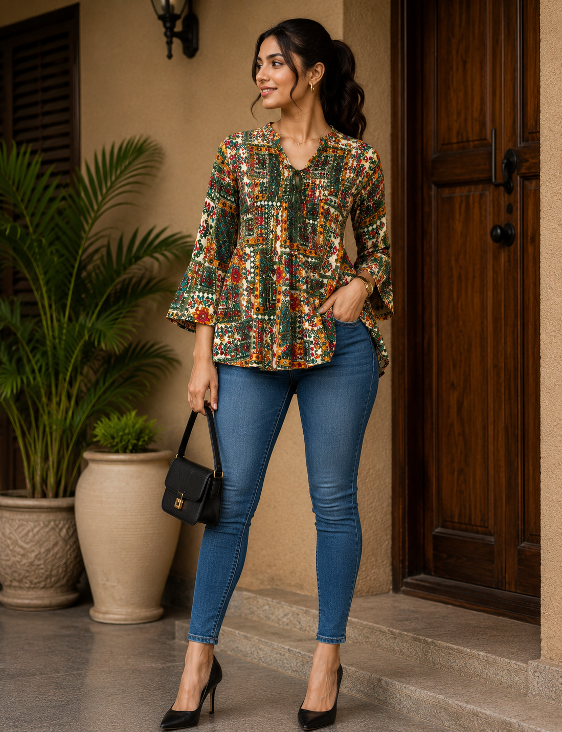 Multicolor Abstract Print Flared Bell-Sleeve Kurta Top
