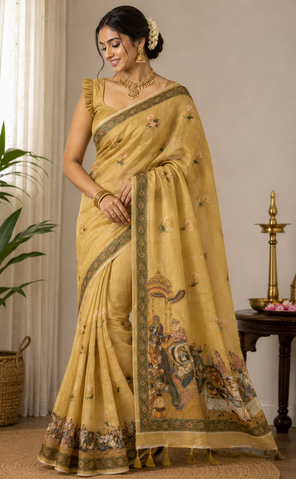 Mustard Yellow Embroidered Linen Saree with Pichwai Pallu