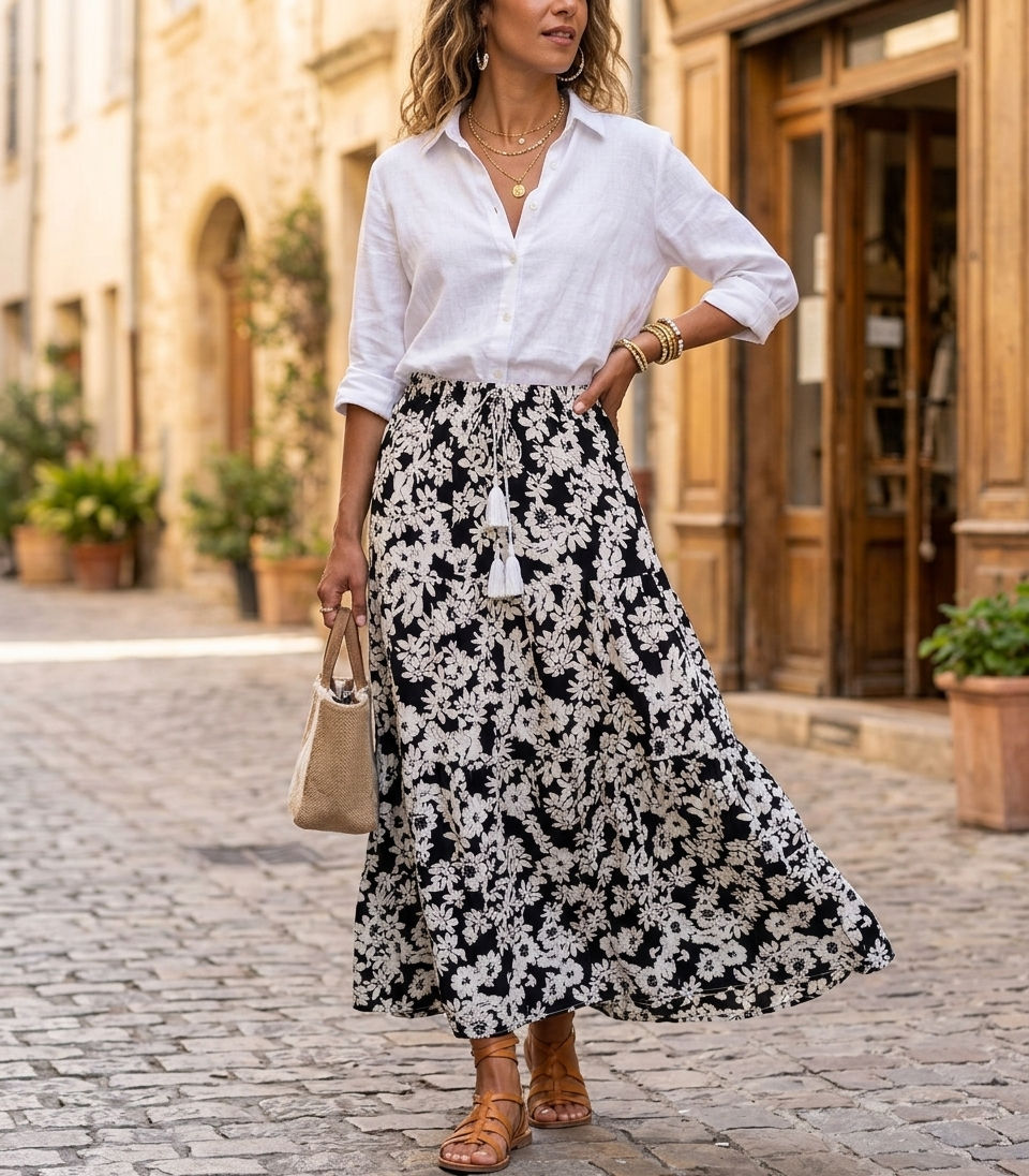 Black & White Floral Print Tiered Maxi Skirt with Tassel Drawstring