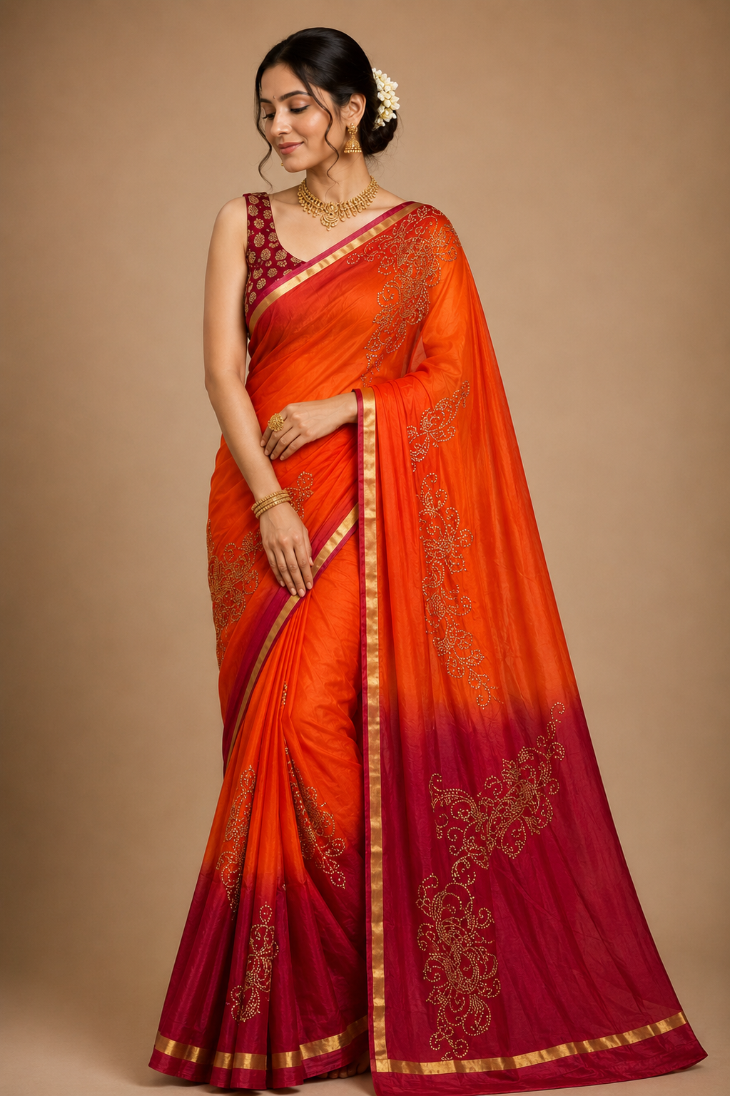 Sunset Ombre Chiffon Saree with Zari Border & Floral Butis