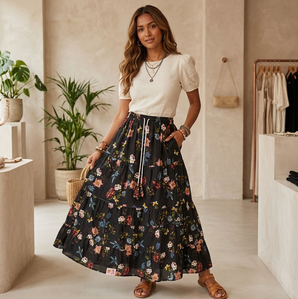 Black Floral Print Tiered Maxi Skirt with Drawstring Waist