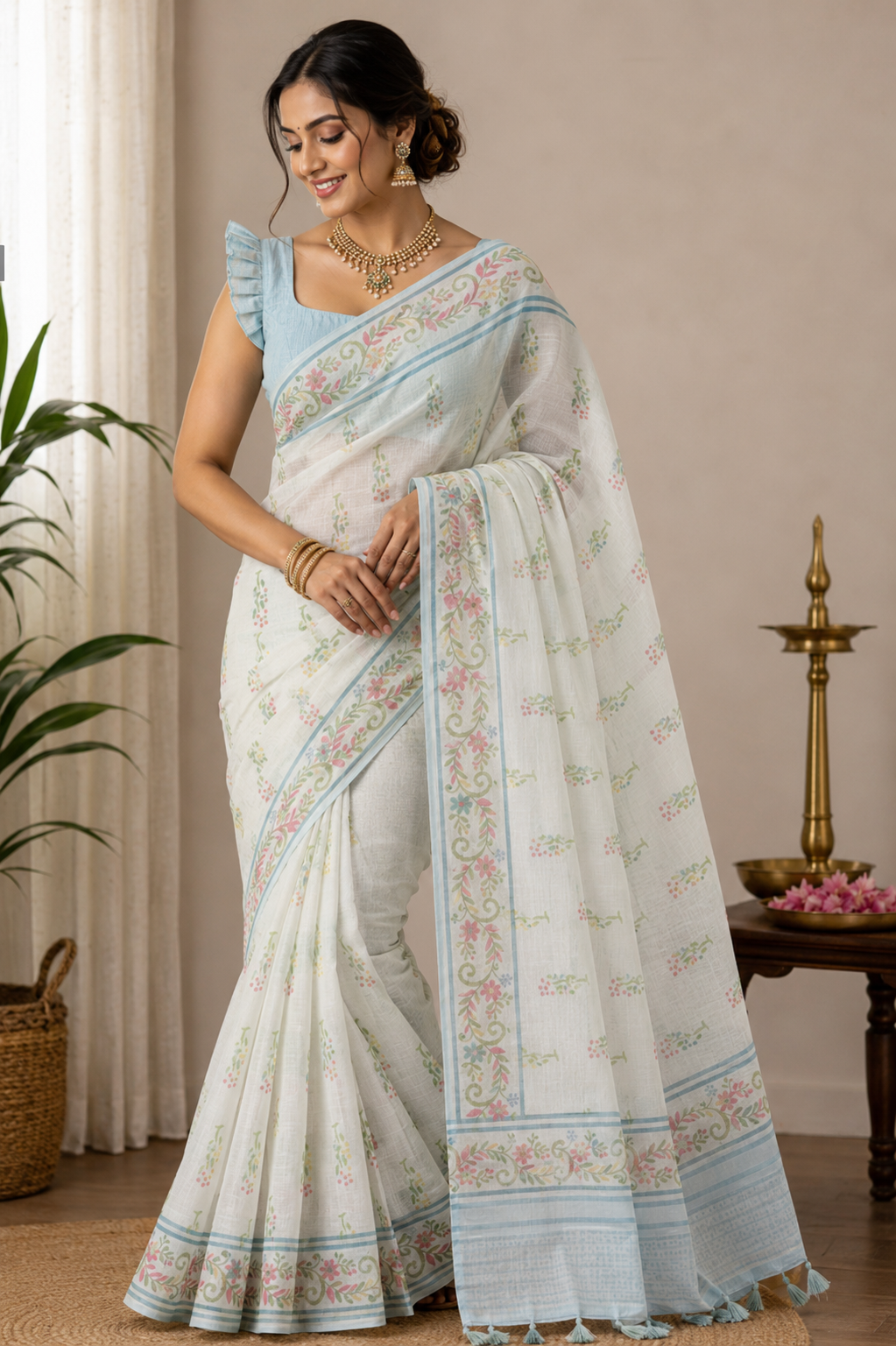 Ivory White Floral Printed Cotton Linen Saree with Pastel Blue Border