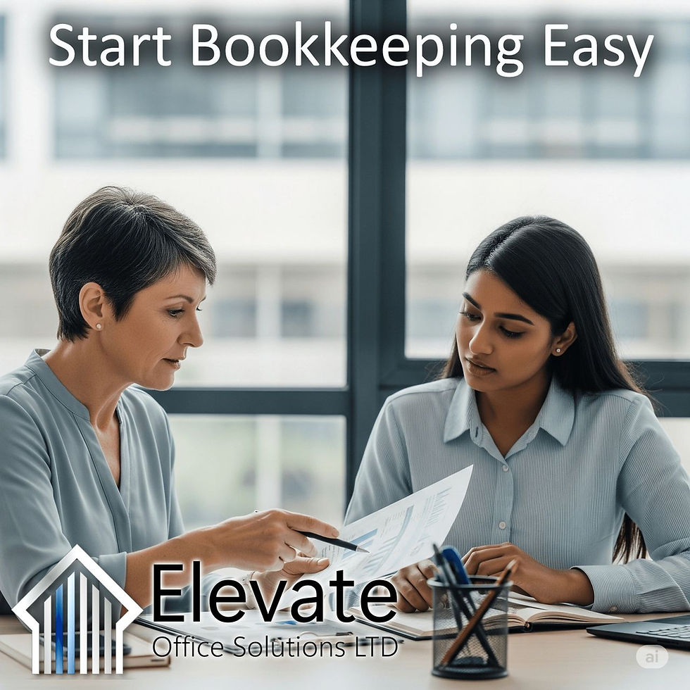 Two women discuss documents at a table in an office. Text reads "Start Bookkeeping Easy." Logo: "Elevate Office Solutions LTD."