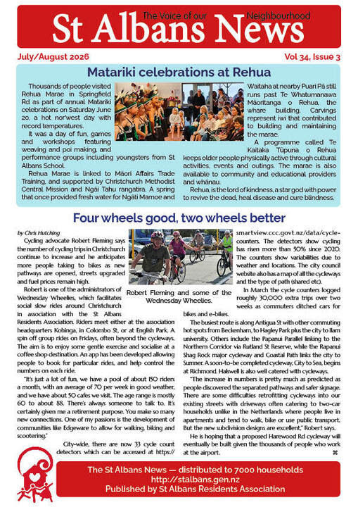 St Albans News front page with Matariki celebrations at Rehua and a cycling article, red masthead, photos, and dense text.