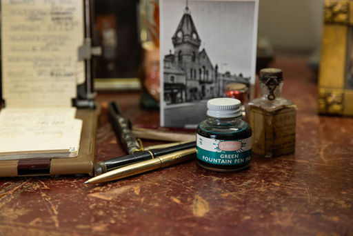Ngaio's green ink and writing pens at Ngaio Marsh House, Christchurch