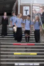 Five students on Howick School school stairs with Curiosity, Commitment written on them.