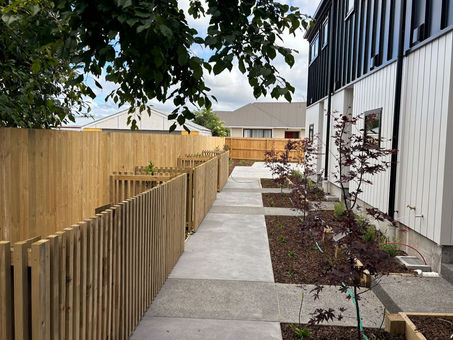 Modern townhouse pathway with wooden fences Christchurch