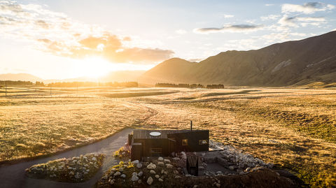 Sunset. Skylark Cabin. Luxury accommodation for couples. Twizel. Mackenzie Region. New Zealand.