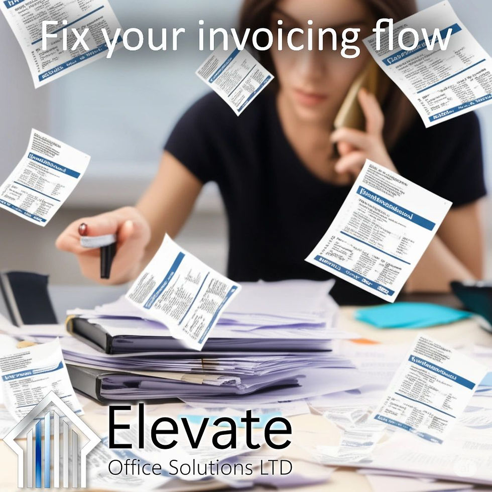 Person on phone at a cluttered desk with flying invoices. Text: "Fix your invoicing flow." Logo: Elevate Office Solutions LTD.