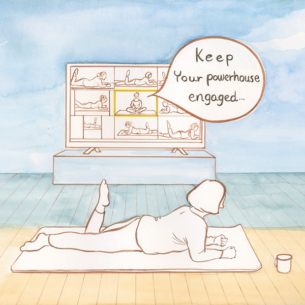 Illustration of a person taking part in a live online Pilates class on a laptop screen at home
