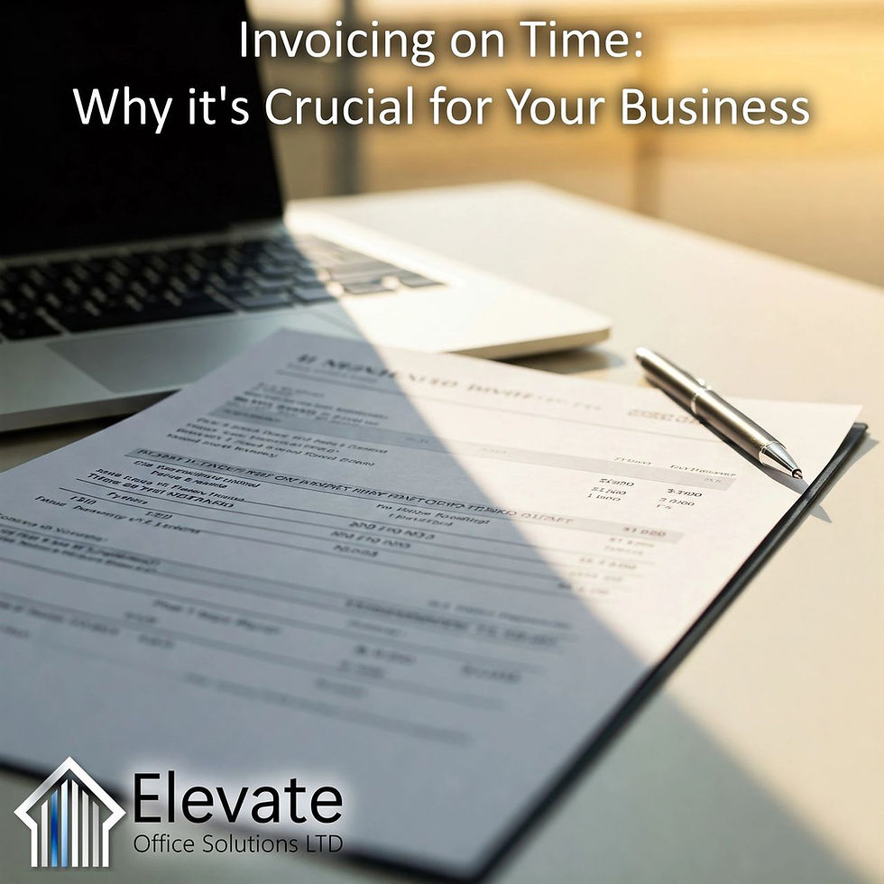 Invoice and pen on desk, nearby laptop. Sunlit setting. Text: "Invoicing on Time: Why it's Crucial for Your Business" and "Elevate Office Solutions LTD".