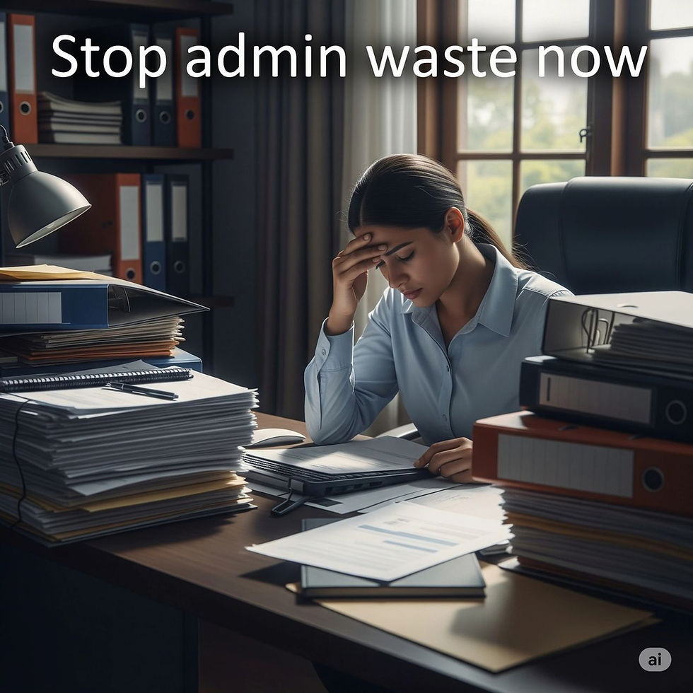 A stressed woman sits at a cluttered desk with piles of paperwork. Text reads "Stop admin waste now." Soft window light in the background.