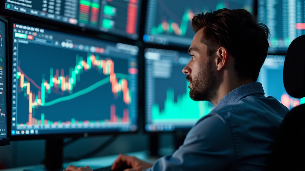 Eye-level view of a trader reviewing stock charts on multiple monitors