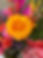Vibrant floral arrangement featuring a large yellow rose as the centerpiece, surrounded by pink, orange, and purple blooms with tropical greenery.
