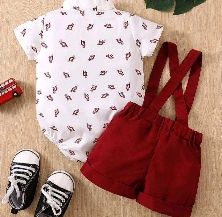 Miniatura: Bebé body camisero con estampado  de dinosaurio  y short de tirantes 
