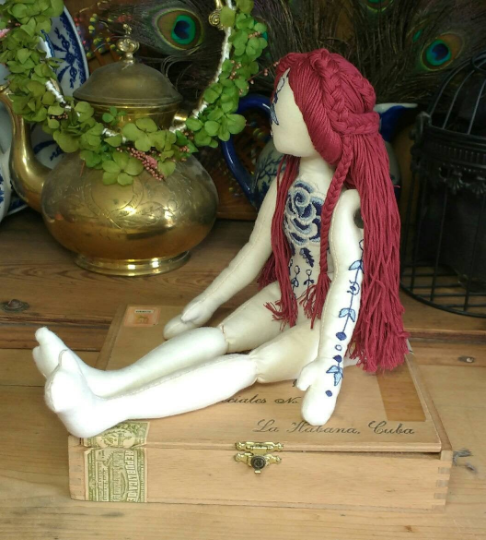 Beatrice, blue and white china-pattern embroidery tattooed art doll