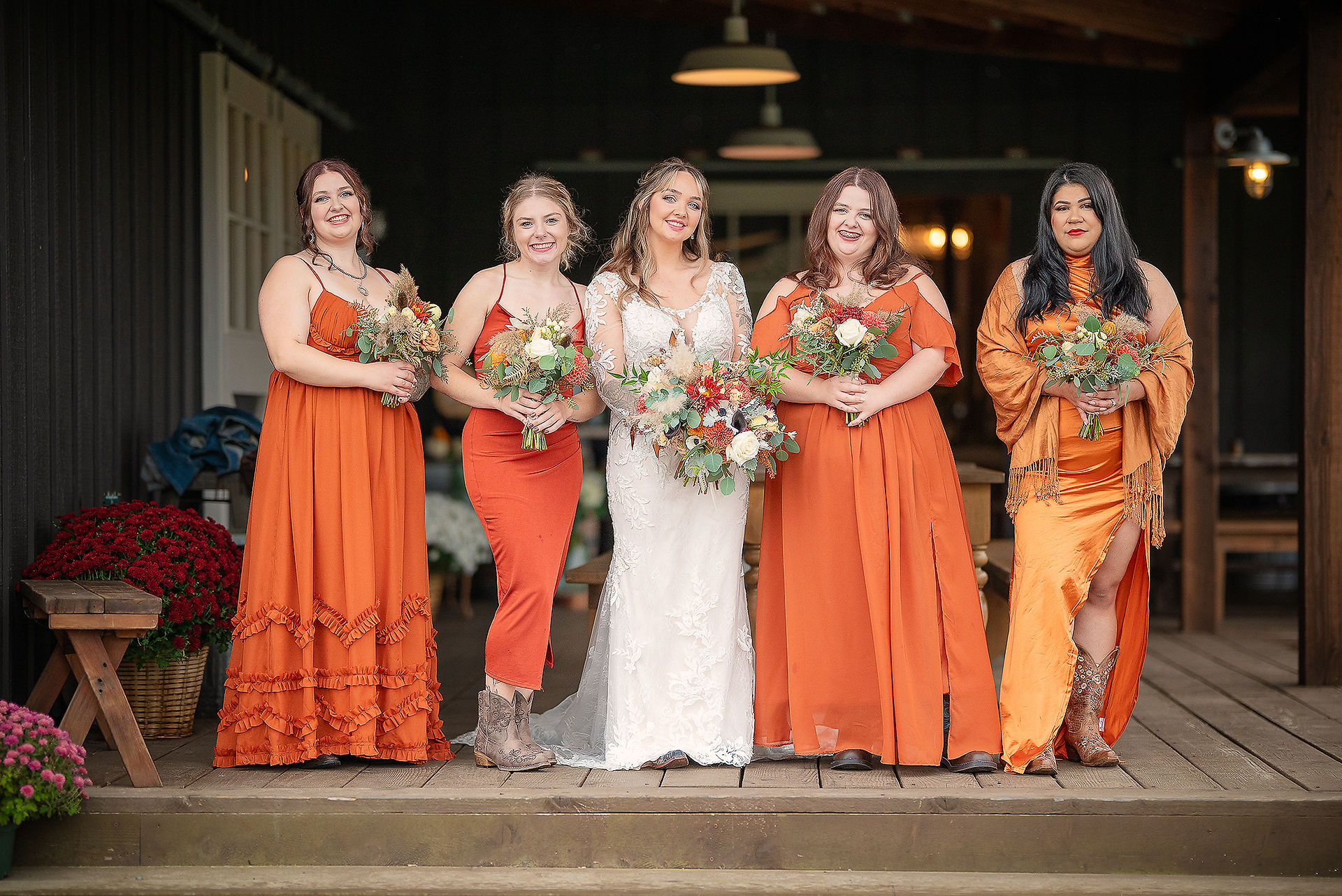 bride and her bridesmaids at vintage rustic barn country wedding in Toledo wa Lewis County