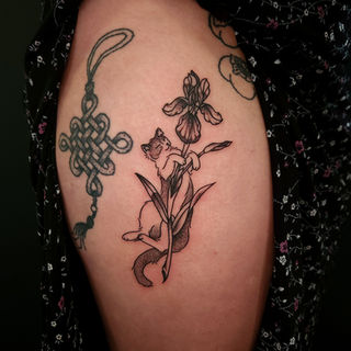 Black and gray cat holding an iris flower on clients thigh