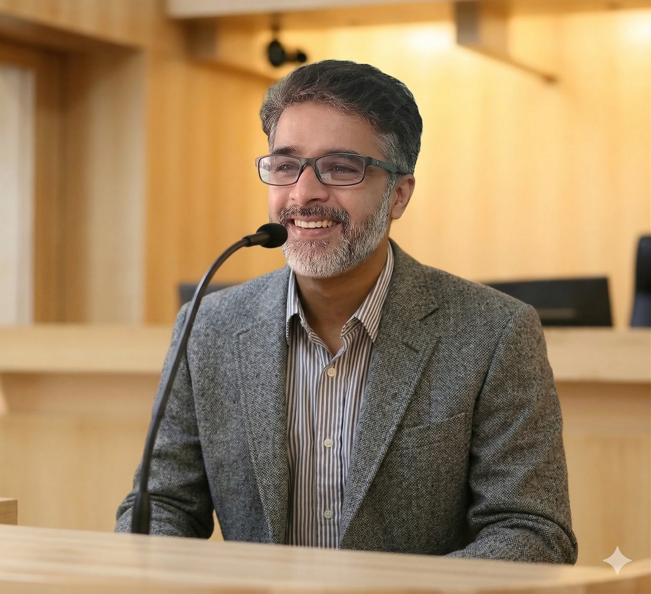 Smiling man with glasses and beard at microphone