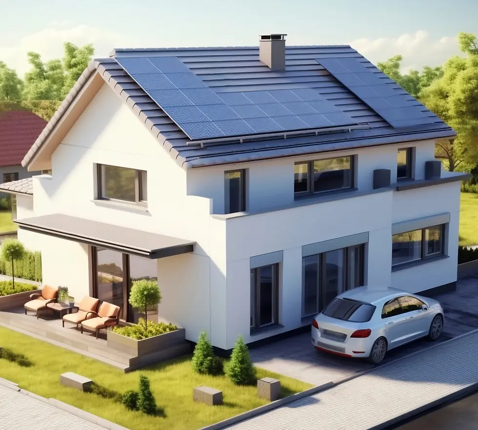 Modern house with solar panels and a car in the driveway
