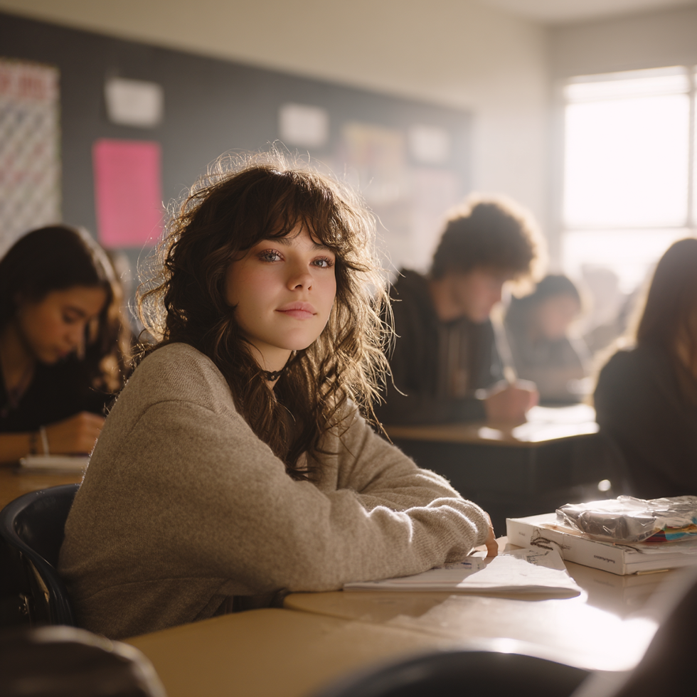 Student in a sunlit classroom looks at the camera, surrounded by peers focused on writing. Warm tones and a soft, contemplative mood.