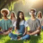 A serene setting featuring a diverse group of teenagers sitting cross-legged outdoors on a grassy field. They are practicing mindfulness together, with calm, focused expressions. The background includes soft sunlight filtering through trees, creating a peaceful and natural atmosphere. One teen is holding a journal, another is focusing on deep breathing, and a third has headphones, listening to a mindfulness app. The image conveys tranquility, focus, and connection.