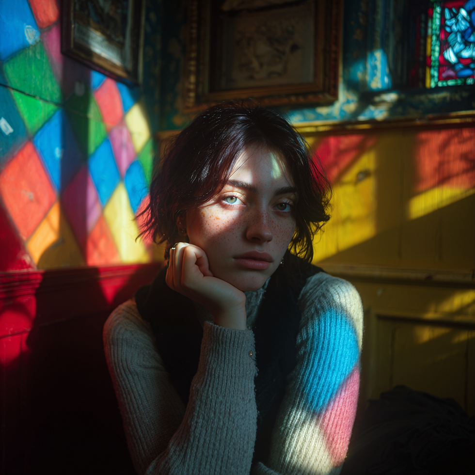 Young person with contemplative expression sits in vibrant room. Multicolored stained glass casts a patterned shadow on their face.