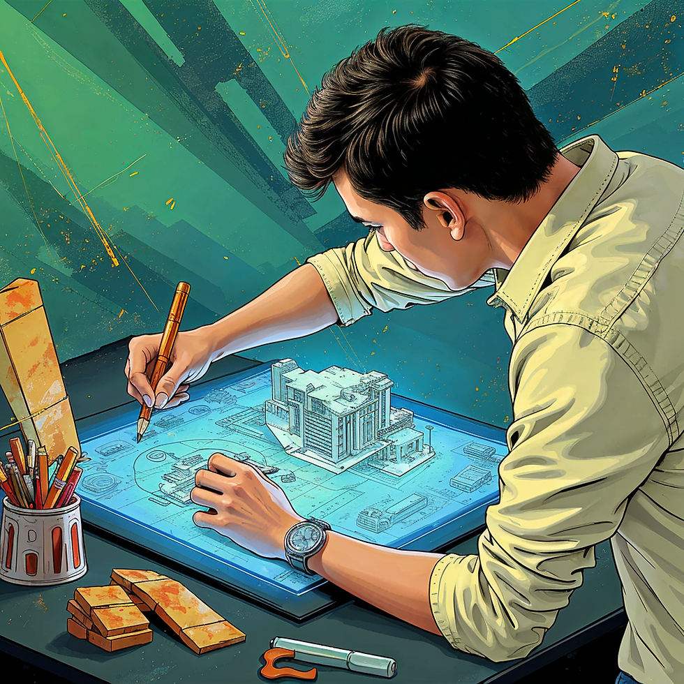 A detailed illustration of a person sketching blueprints or creating a 3D model on a holographic display. The background features dynamic geometric shapes and vivid colors like greens, blues, and golds to symbolize creativity, precision, and spatial reasoning.