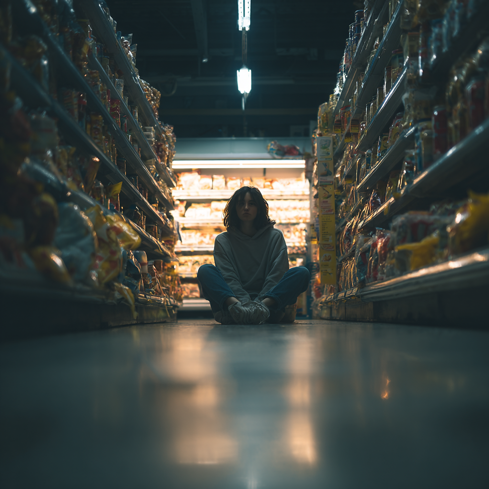 Person sitting in a dimly lit grocery aisle, surrounded by shelves of products. Warm light from the end creates a dramatic glow.