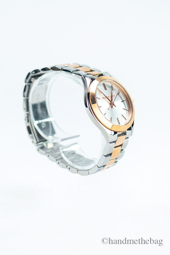 Thumbnail: Michael Kors Slim Runway Rose Gold Silver Toned Stainless Steel Watch