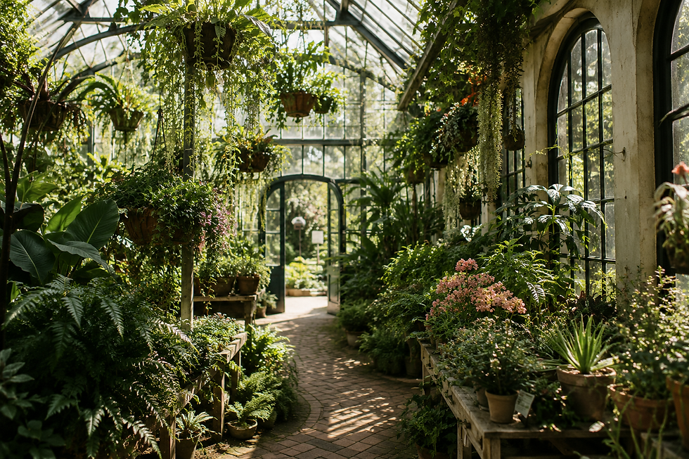 Sunlit greenhouse aisle lined with hanging and potted lush green plants and pink flowers, with arched windows and a brick path.