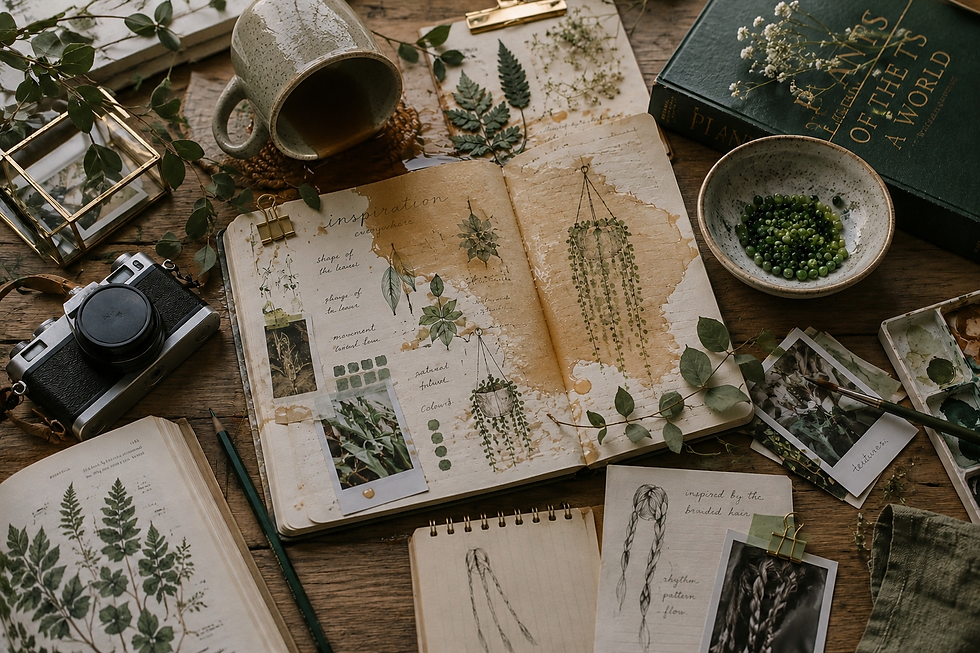 Flat lay of a green botanical mood board with sketchbook, mug, camera, plants, and book titled Letters of a World