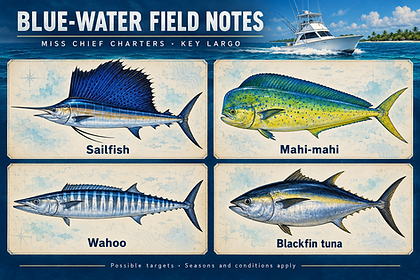 Illustrated sailfish, mahi-mahi, wahoo and blackfin tuna as possible Key Largo offshore targets.