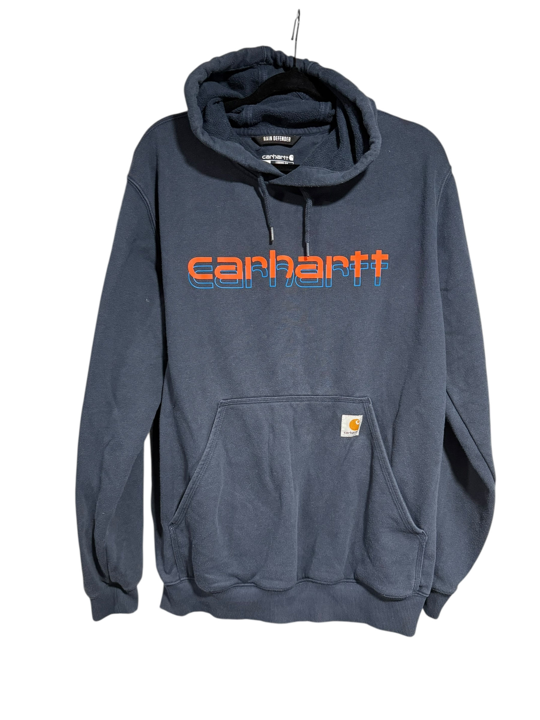 SOLD - Carhartt Blue with Orange Logo Rain Defender Hoodie .