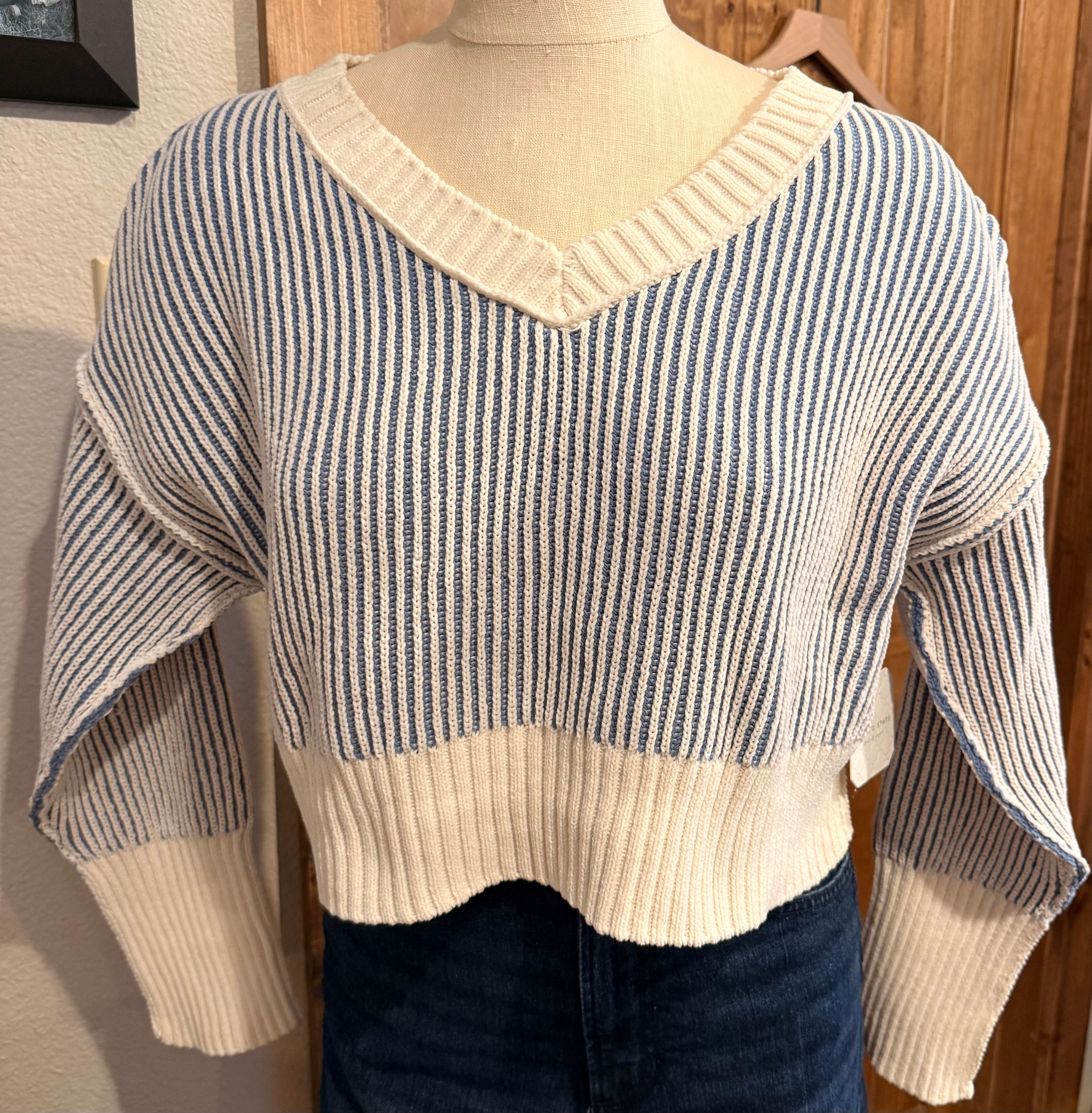 Altar’d State Blue and Cream Striped Cropped Sweater 