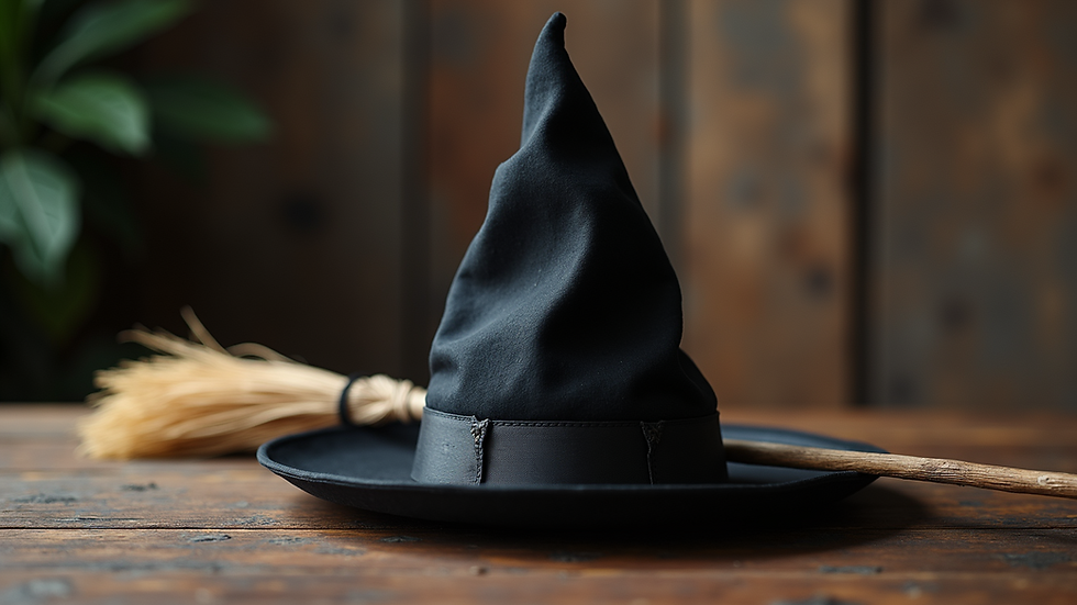 Close-up view of a witch hat and broomstick on a wooden table