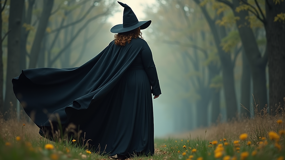 Eye-level view of a plus size witch costume with flowing cape