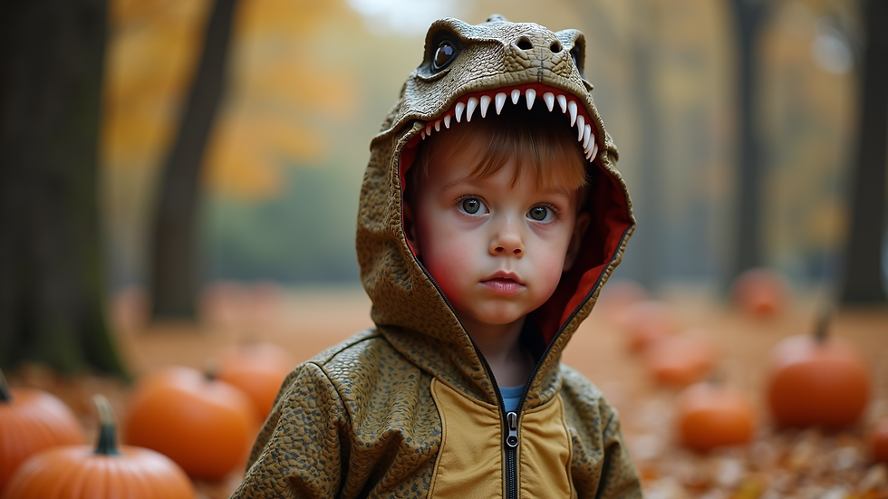 Eye-level view of a boy in a dinosaur costume posing for a Halloween photo