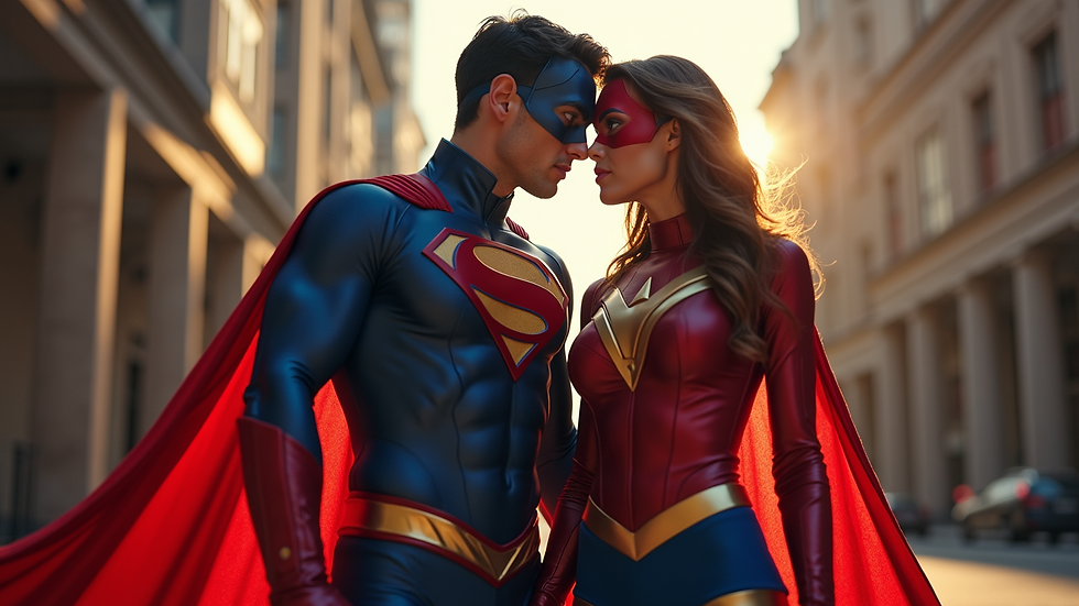 High angle view of superhero-themed couple costume