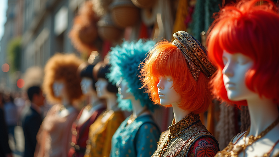 Eye-level view of a costume display with colorful wigs and hats