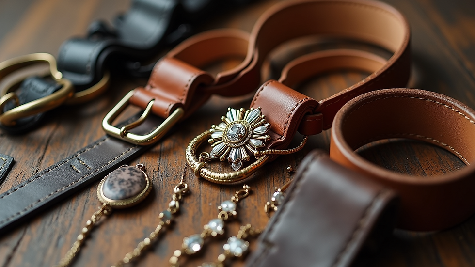 High angle view of costume accessories including belts and jewelry